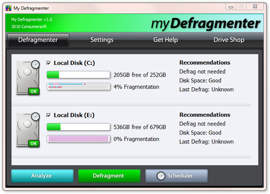 Defragment your hard drive for free with My Defragmenter (includes Scheduler).